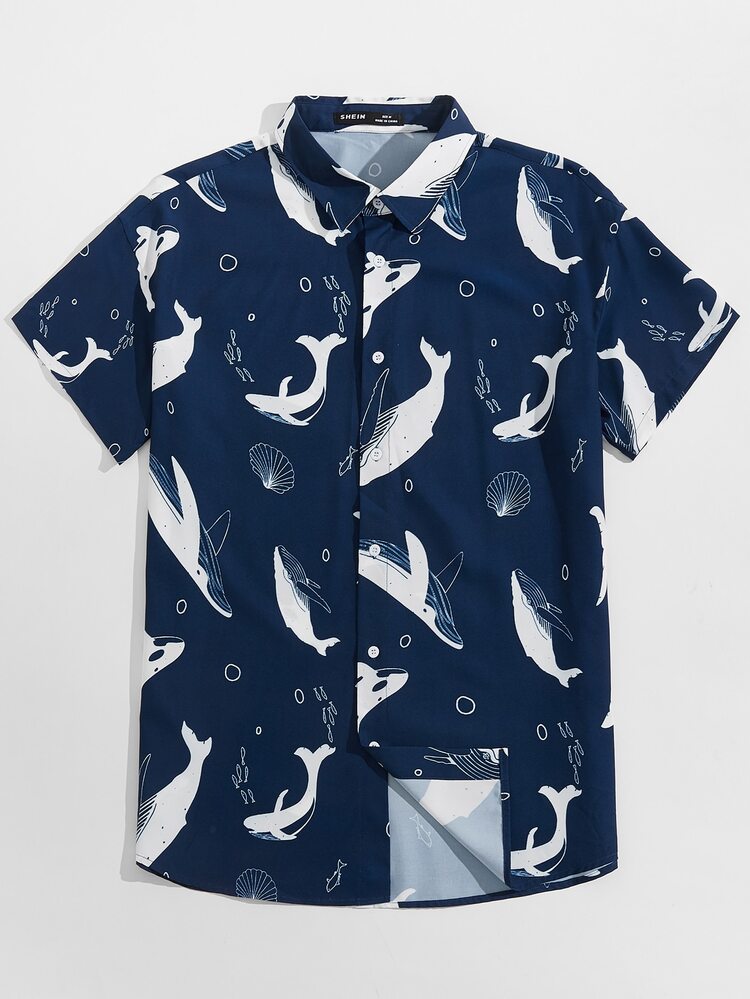 Manfinity Hombres Camisa ballena & con concha con estampado - Azul - Añade 4