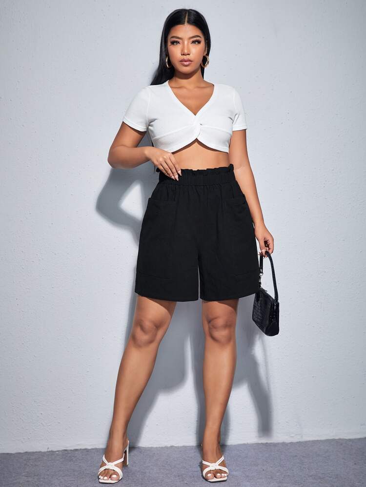 Dreamara Ficka Paper Bag Pants Slätt Enkel Plus Storlek Shorts - Svart - Visa 5