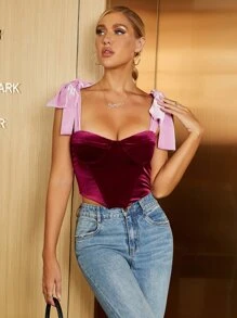 PARTHEA Padded Underwire Boning Splice Velvet Bustier Top - Red Violet - View 7