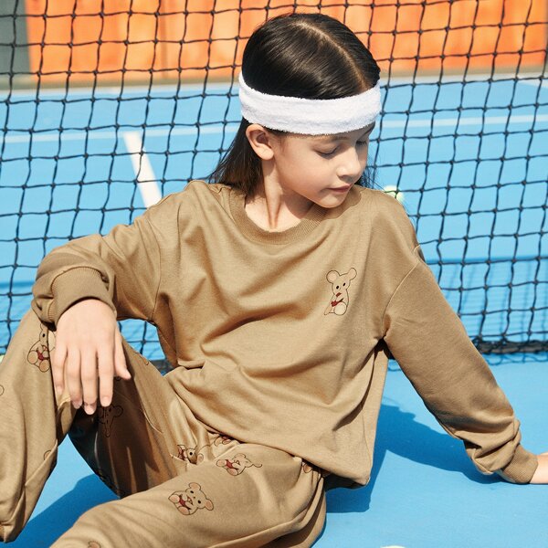 

Girls Bear Print Drop Shoulder Pullover & Sweatpants, Brown