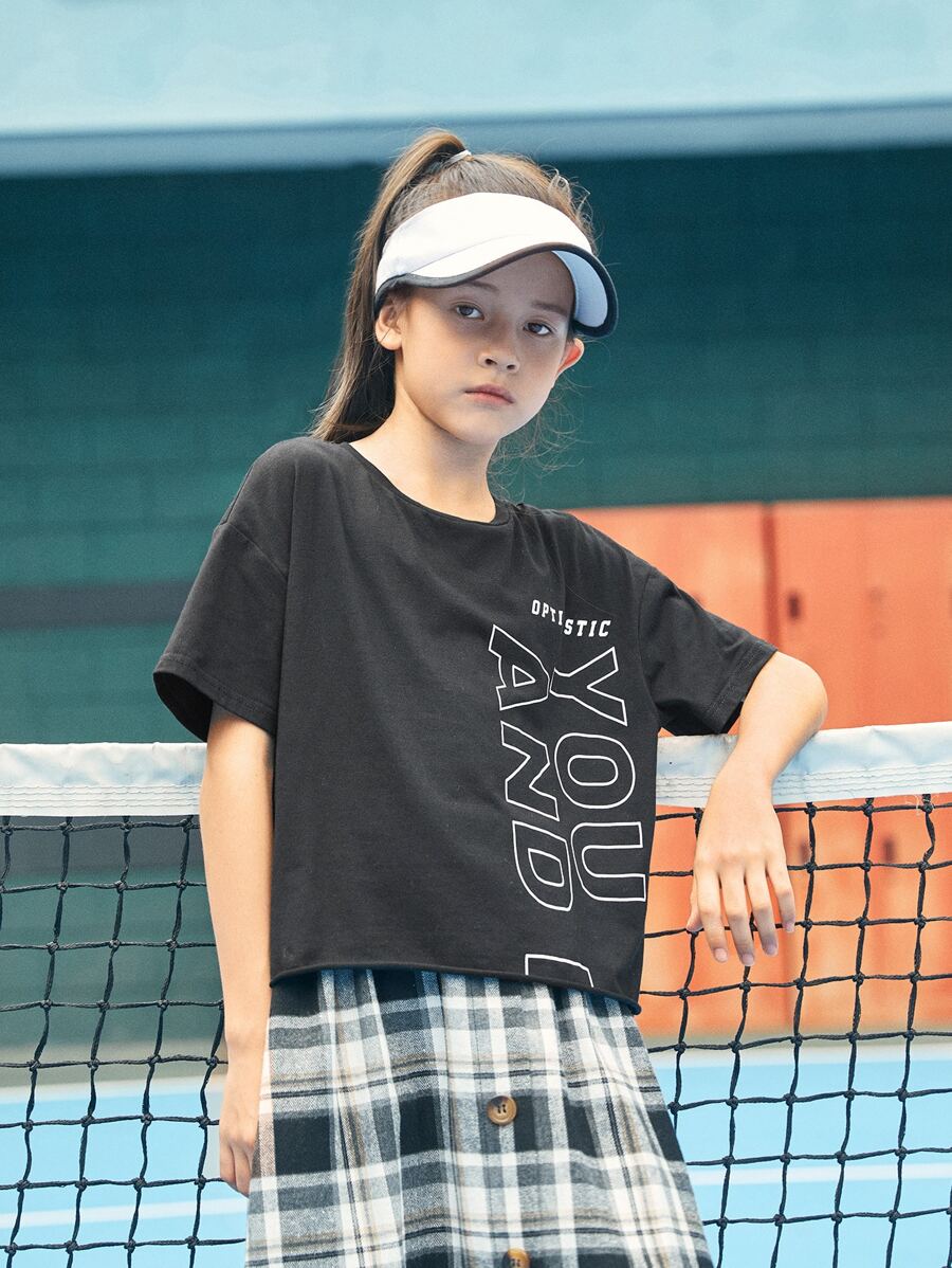 SHEIN Girls Letter Graphic Drop Shoulder Tee - Black - View 1