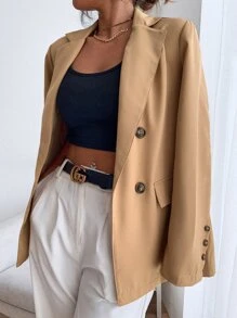 Chiquease Double Button Lapel Collar Blazer - Khaki - View 1