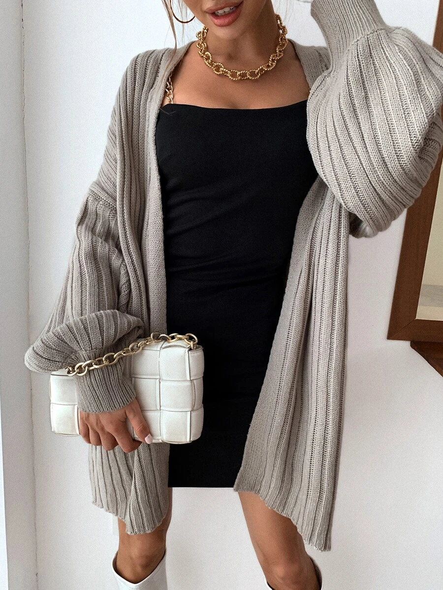 SHEIN Privé Áo len cardigan tay đèn lồng dệt kim gân - Màu nâu  Mocha - Xem 1