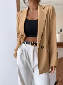 Chiquease Double Button Lapel Collar Blazer - Khaki - View 4