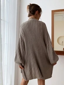 SHEIN Privé Áo len cardigan tay đèn lồng dệt kim gân - Màu nâu  Mocha - Xem 2