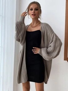 SHEIN Privé Áo len cardigan tay đèn lồng dệt kim gân - Màu nâu  Mocha - Xem 3