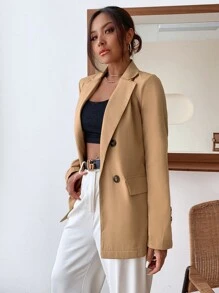 Chiquease Double Button Lapel Collar Blazer - Khaki - View 6