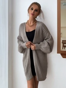 SHEIN Privé Áo len cardigan tay đèn lồng dệt kim gân - Màu nâu  Mocha - Xem 4
