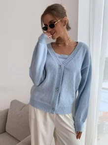 SHEIN MOD 落肩袖開襟衫和短款針織背心上衣 - 淺藍色 - 查看 5