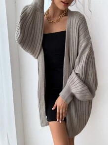 SHEIN Privé Áo len cardigan tay đèn lồng dệt kim gân - Màu nâu  Mocha - Xem 5