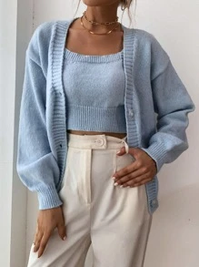 SHEIN MOD 落肩袖開襟衫和短款針織背心上衣 - 淺藍色 - 查看 6