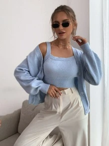 SHEIN MOD 落肩袖開襟衫和短款針織背心上衣 - 淺藍色 - 查看 7