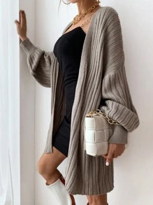 SHEIN Privé Áo len cardigan tay đèn lồng dệt kim gân - Màu nâu  Mocha - Xem 7
