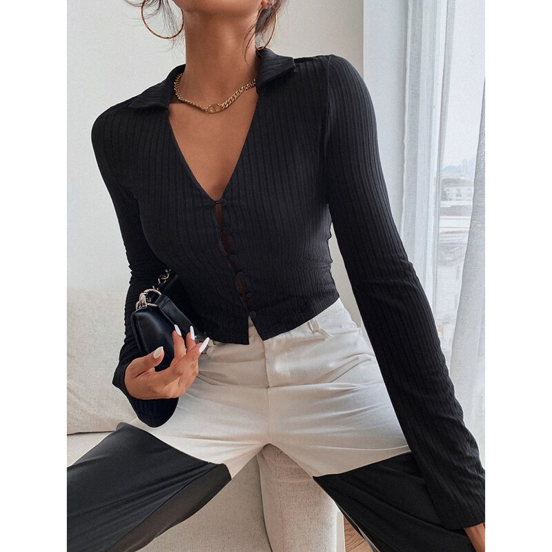 

Solid Button Front V Neck Top, Black