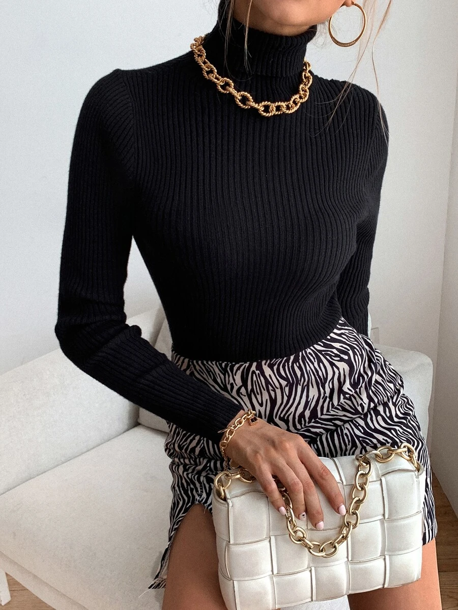 RueChic High Neck Solid Jumper - Black - View 1