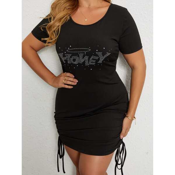 

Plus Letter Rhinestone Bodycon Dress, Black