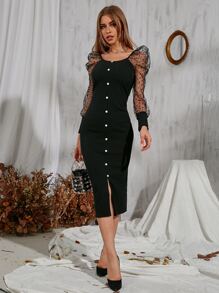 Modelyn Contrast Dobby Mesh Gigot Sleeve Button Front Dress - Black - View 3