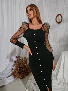 Modelyn Contrast Dobby Mesh Gigot Sleeve Button Front Dress - Black - View 8