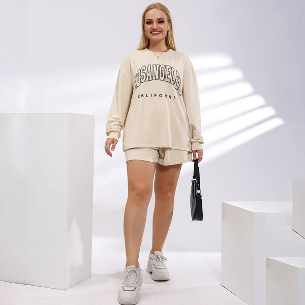 

Plus Letter Graphic Sweatshirt And Shorts Set, Apricot