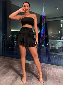 SHEIN SXY Satin Ruched Layered Hem Solid Skirt - Black - View 5