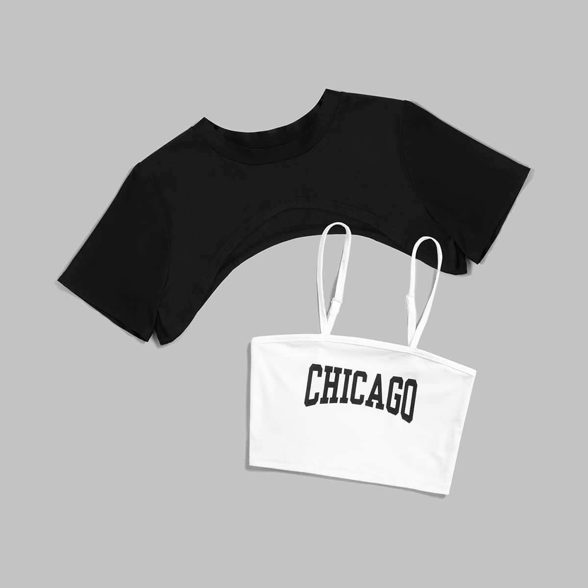 

Solid Super Crop Tee & Letter Crop Cami, Black and white