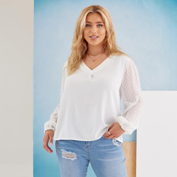 

Plus Swiss Dot Bishop Sleeve Blouse, White