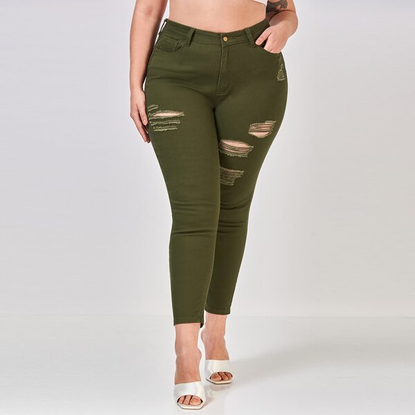 

Plus High Waist Ripped Skinny Jeans, Army green