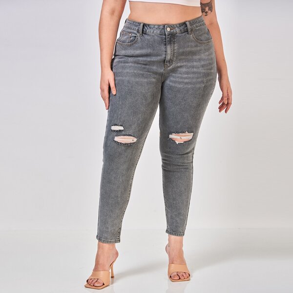 

Plus Slant Pocket Ripped Jeans, Dark grey