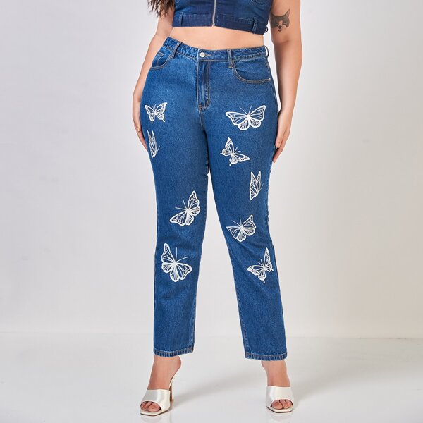 

Plus High Waist Butterfly Print Jeans, Medium wash