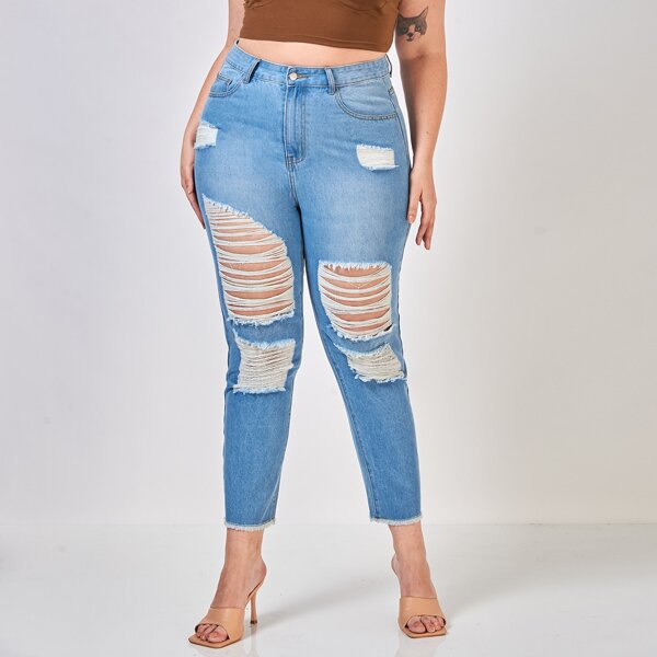 

Plus High Waist Ripped Raw Trim Jeans, Light wash