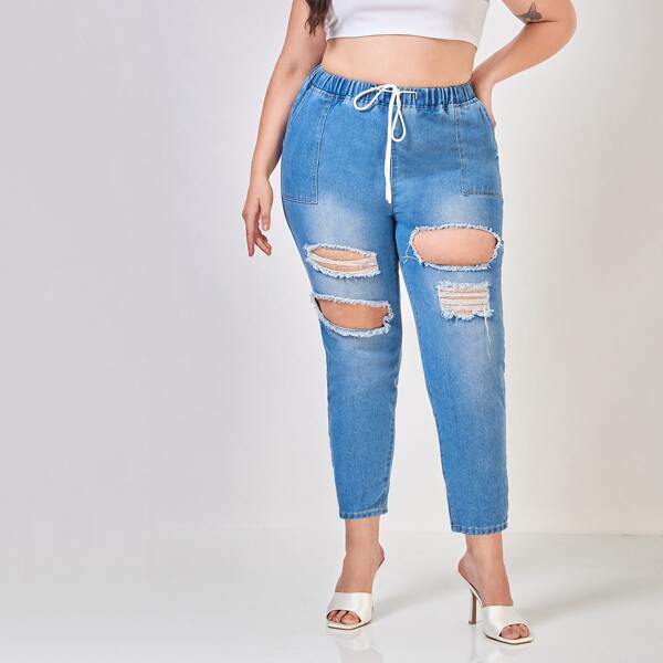 

Plus Drawstring Waist Ripped Jeans, Light wash