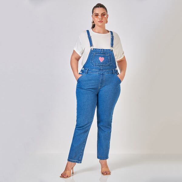 

Plus Heart Embroidery Denim Overalls, Medium wash