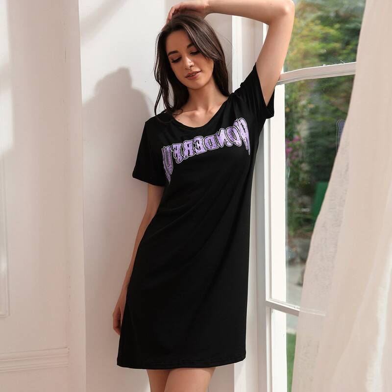 

Letter Graphic Sleep Dress, Black
