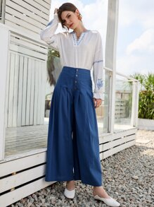 Mulvari Pantalones Botón Tablas Liso Casual - Azul - Ver 4