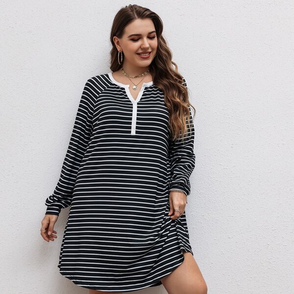 

Plus Striped Notched Neck Raglan Sleeve Dress, Black
