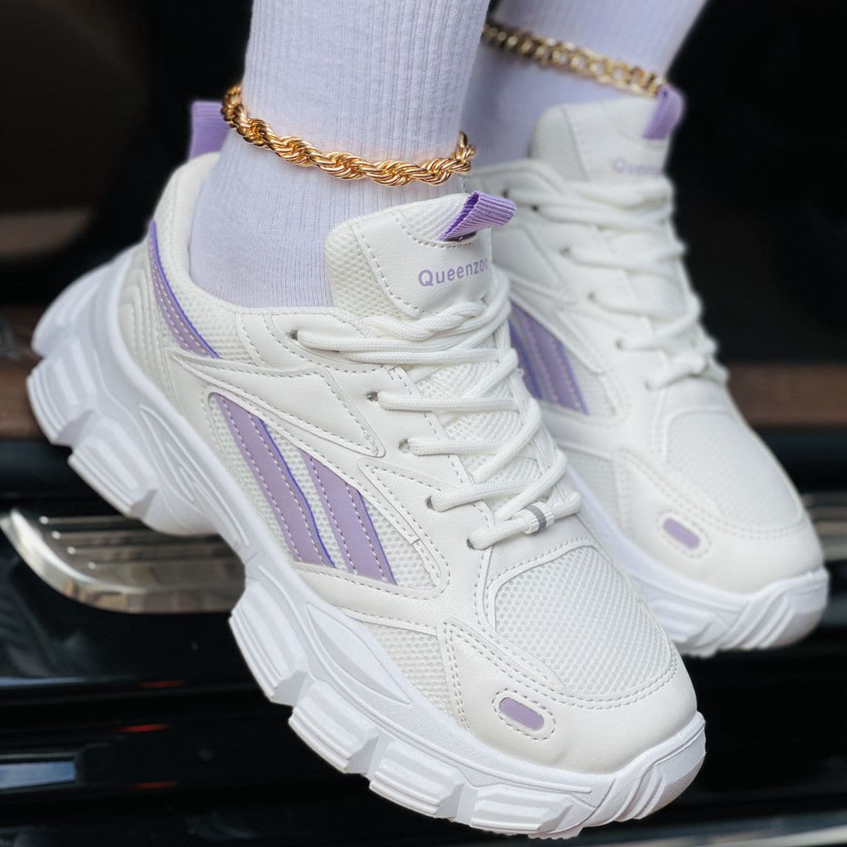 

Colorblock Pattern Breathable Lace-up Front Chunky Sneakers, Purple