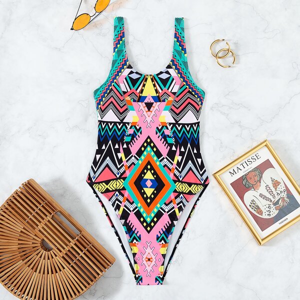 

Geometric Pattern Scoop Neck One Piece Swimsuit, Multicolor