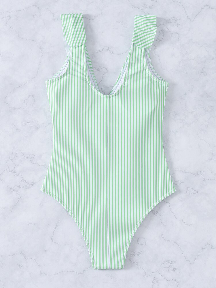 Striped Ruffle Trim One Piece Swimsuit, For Summer Beach Vacation - Mint Green - View 2