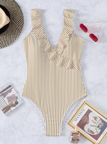 Striped Ruffle Trim One-Piece Swimsuit, For Summer Beach Vacation - Olive Green - View 1