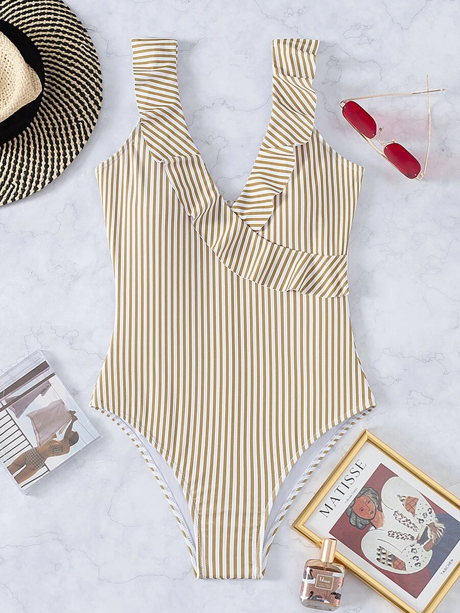 Striped Ruffle Trim One-Piece Swimsuit, For Summer Beach Vacation - Olive Green - View 1