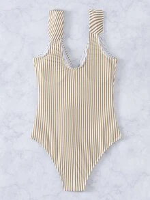 Striped Ruffle Trim One-Piece Swimsuit, For Summer Beach Vacation - Olive Green - View 2