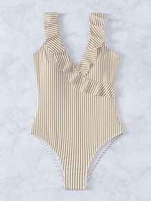 Striped Ruffle Trim One-Piece Swimsuit, For Summer Beach Vacation - Olive Green - View 3