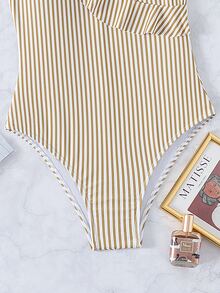 Striped Ruffle Trim One-Piece Swimsuit, For Summer Beach Vacation - Olive Green - View 5