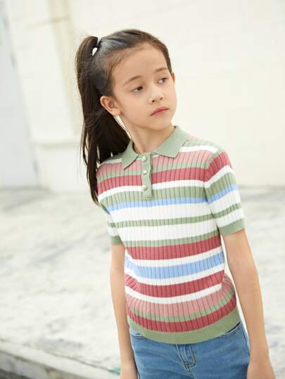 SHEIN Girls Striped Button Front Rib-knit Sweater