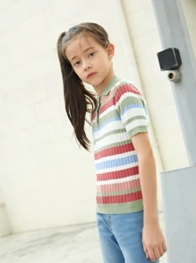 SHEIN 女孩條紋圖案前紐扣羅紋針織套頭毛衣 - 彩色 - 查看 3