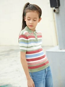 SHEIN 女孩條紋圖案前紐扣羅紋針織套頭毛衣 - 彩色 - 查看 4