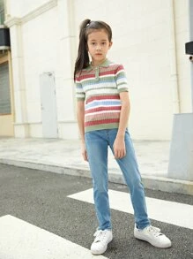 SHEIN 女孩條紋圖案前紐扣羅紋針織套頭毛衣 - 彩色 - 查看 5