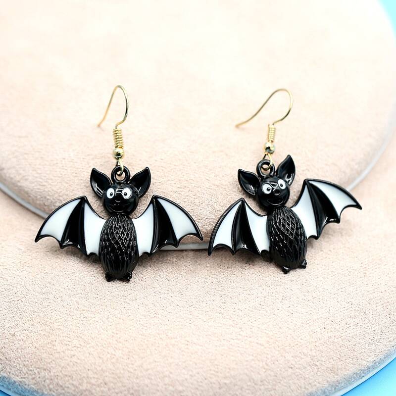 

Cartoon Bat Drop Earrings, Black and white