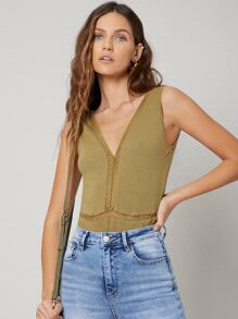 SHEIN Body con encaje de canalé de viscosa - Verde Oliva - Ver 3