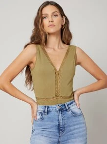 SHEIN Body con encaje de canalé de viscosa - Verde Oliva - Ver 4